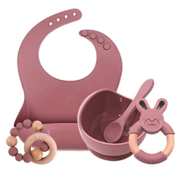 5 piece silicone essential baby gift set in ROSE PINK
